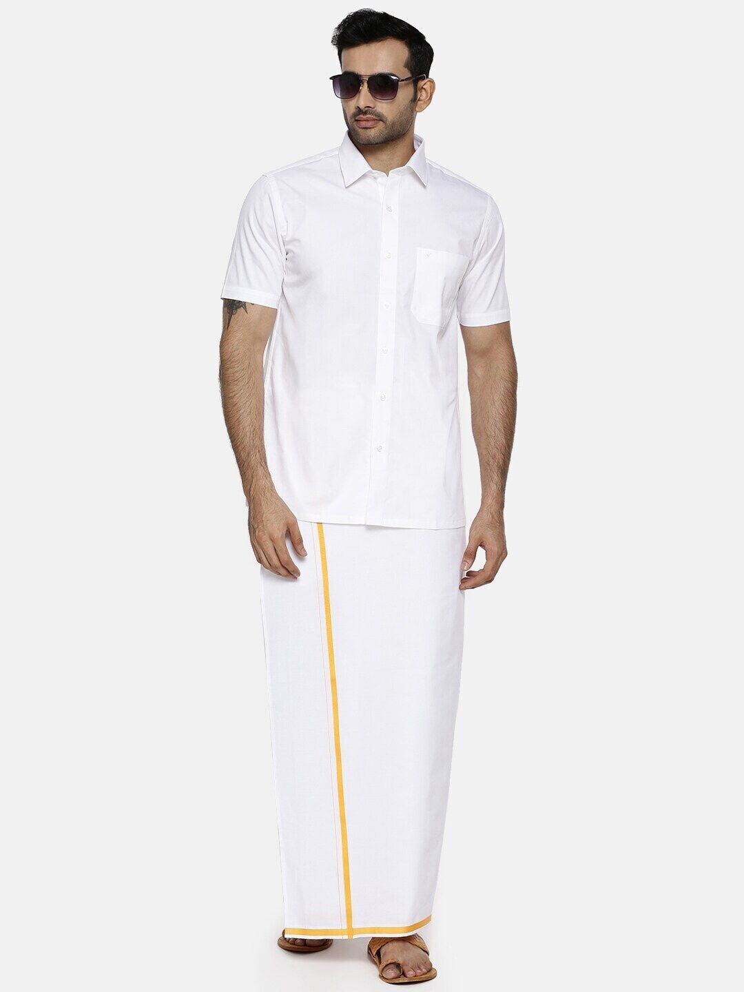 

Ramraj Short Sleeves Shirt With Golden Zari Dhoti, White