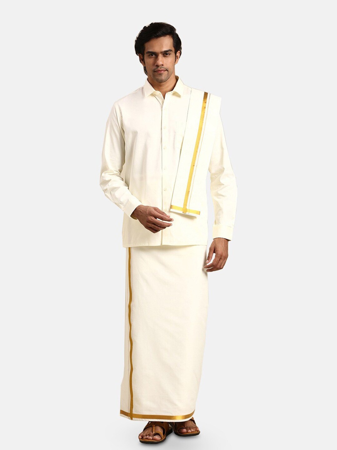 

Ramraj Long Sleeves Pure Cotton Shirt With Golden jari Dhoti & Angavastram, Cream