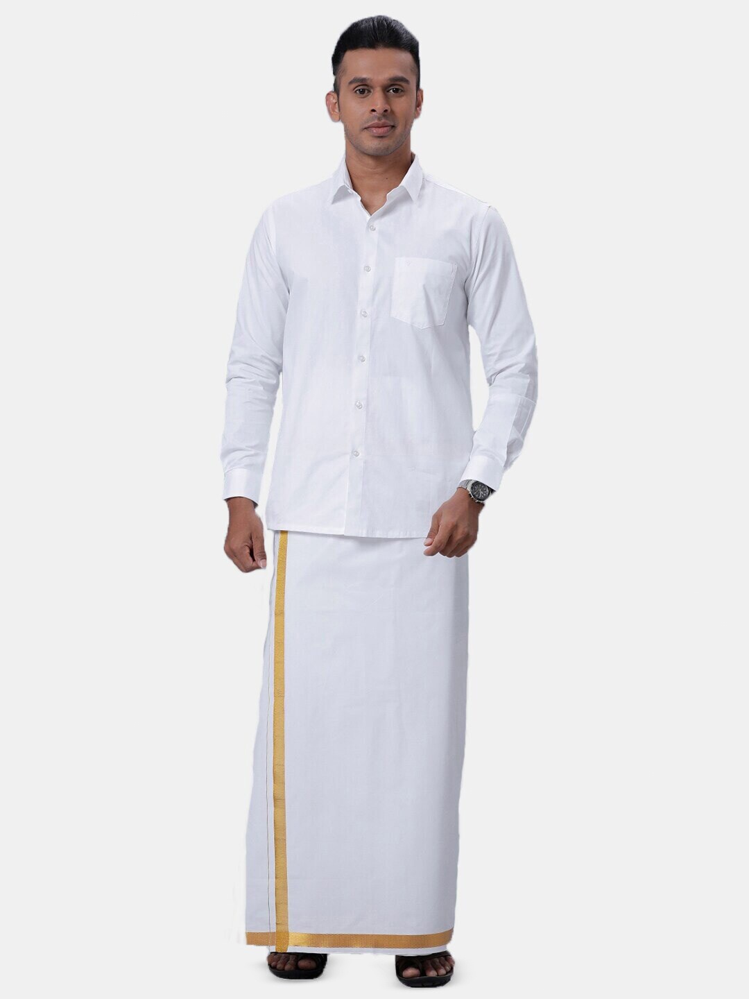 

Ramraj Long Sleeves Shirt With Golden jari Dhoti, White