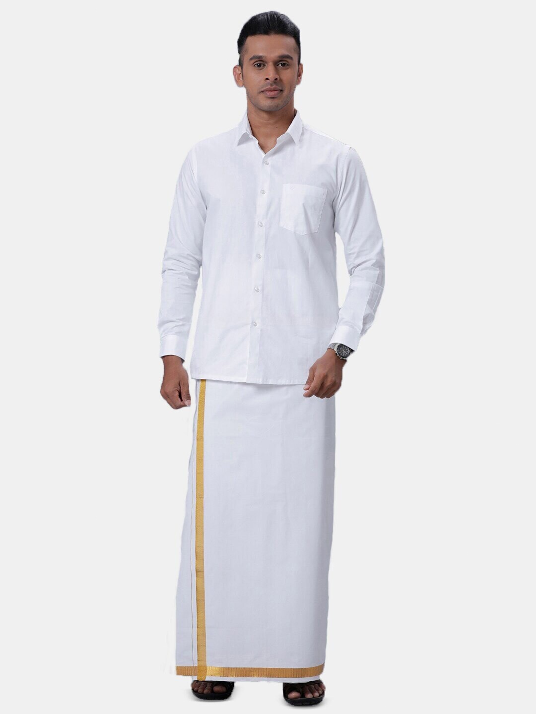 

Ramraj Long Sleeves Shirt With Golden Jari Dhoti, White