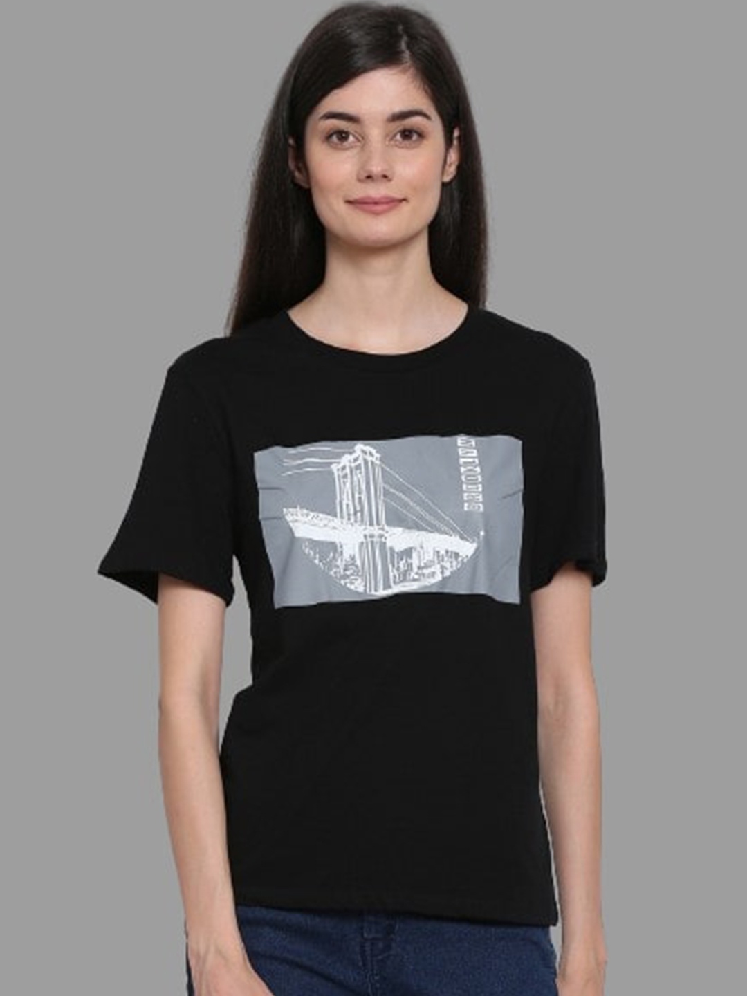 

NoBarr Round Neck Printed Cotton Top, Black