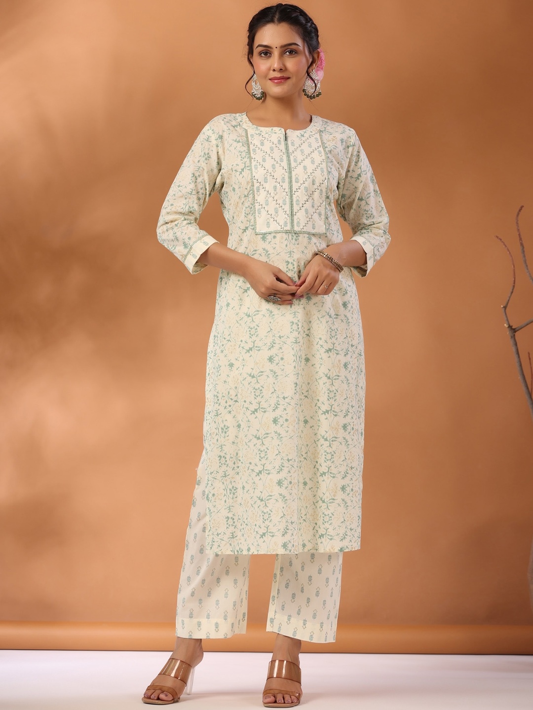 

KALINI Ethnic Motifs Printed Beads and Stones Straight Pure Cotton Kurta Trousers, White