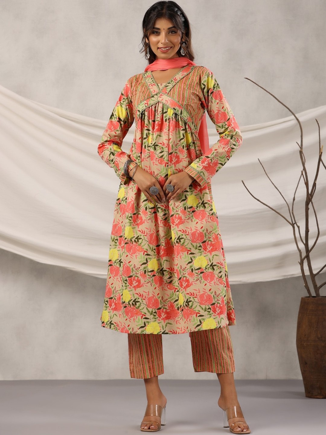 

KALINI Floral V-Neck Beads and Stones Pure Cotton Kurta with Trousers, Pink