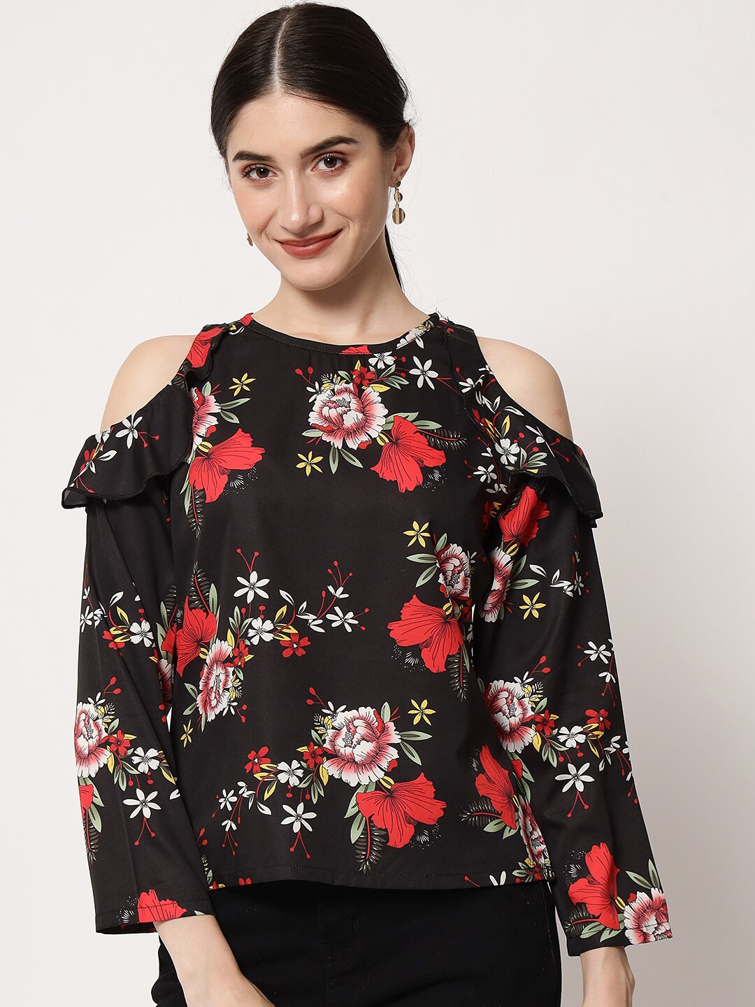 

Kotty Round Neck Floral Print Cold-Shoulder Crepe Top, Black