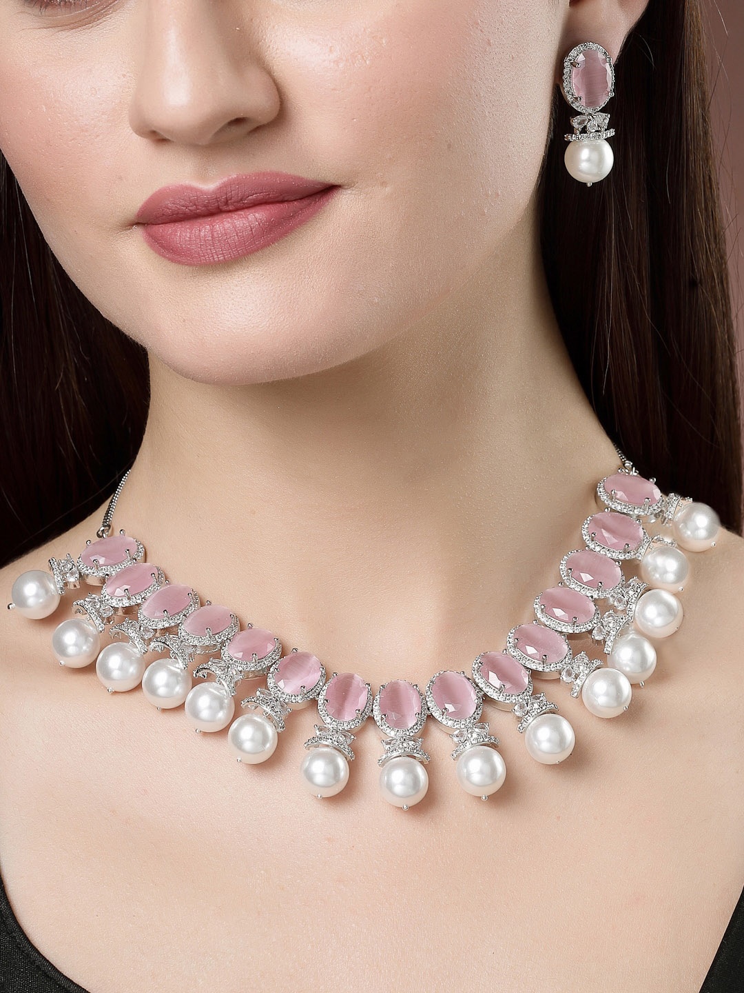 

NVR Silver-Plated American Diamond -Studded & Beaded Necklace and Earrings