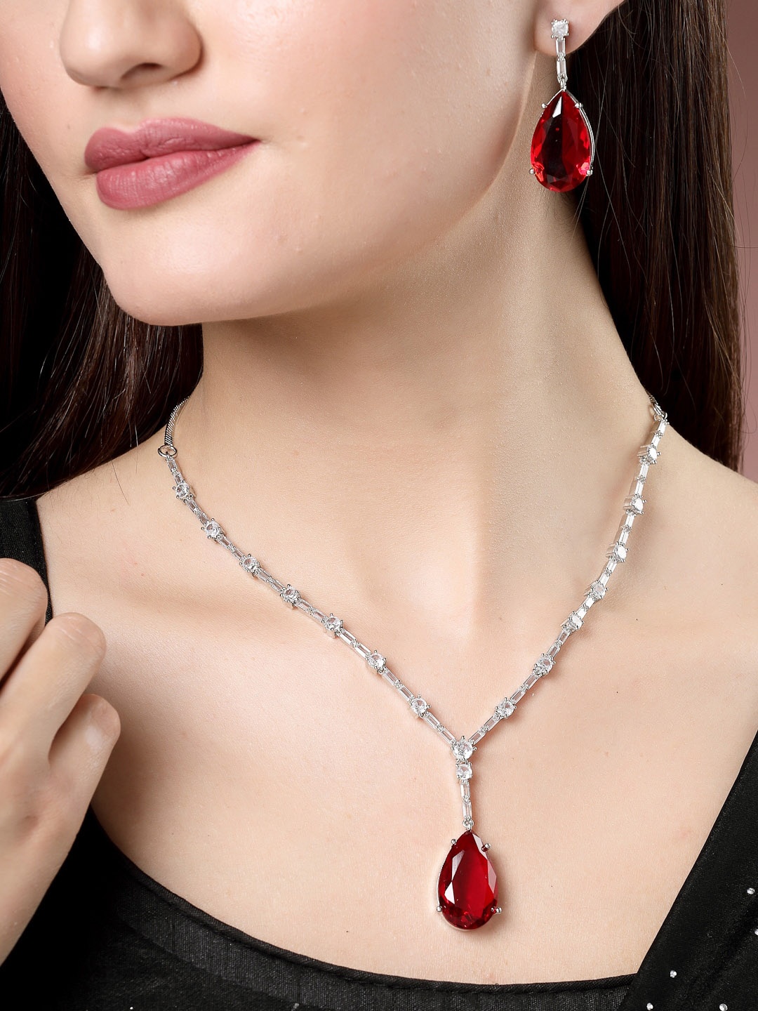 

NVR Silver-Plated Stones Studded Jewellery Set