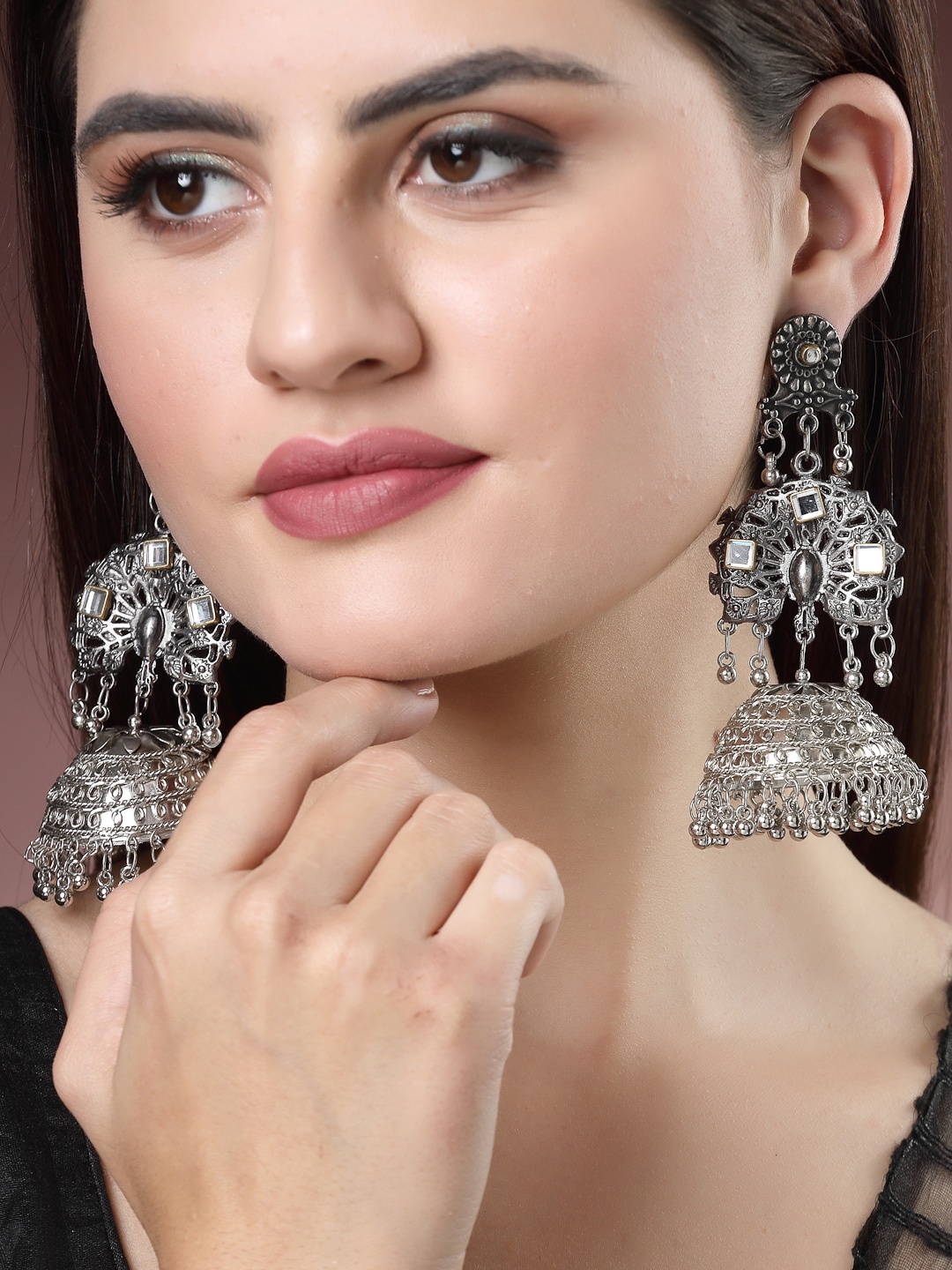 

NVR Silver-Plated Oxidised Dome Shaped Jhumkas