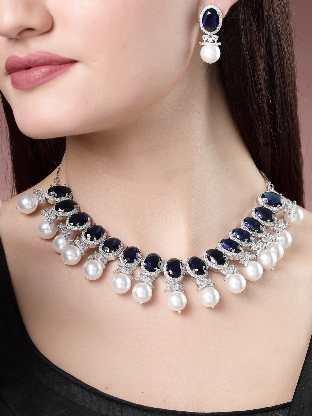 

NVR Silver Plated American Diamond Studded Jewellery Set