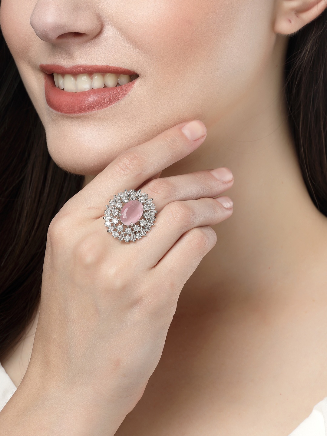 

NVR Silver-Plated Cubic Zirconia Studded Adjustable Finger Ring