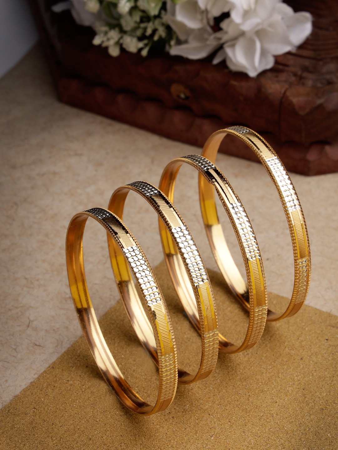 

NVR Set Of 4 Gold-Plated Cubic Zirconia-Studded Bangles