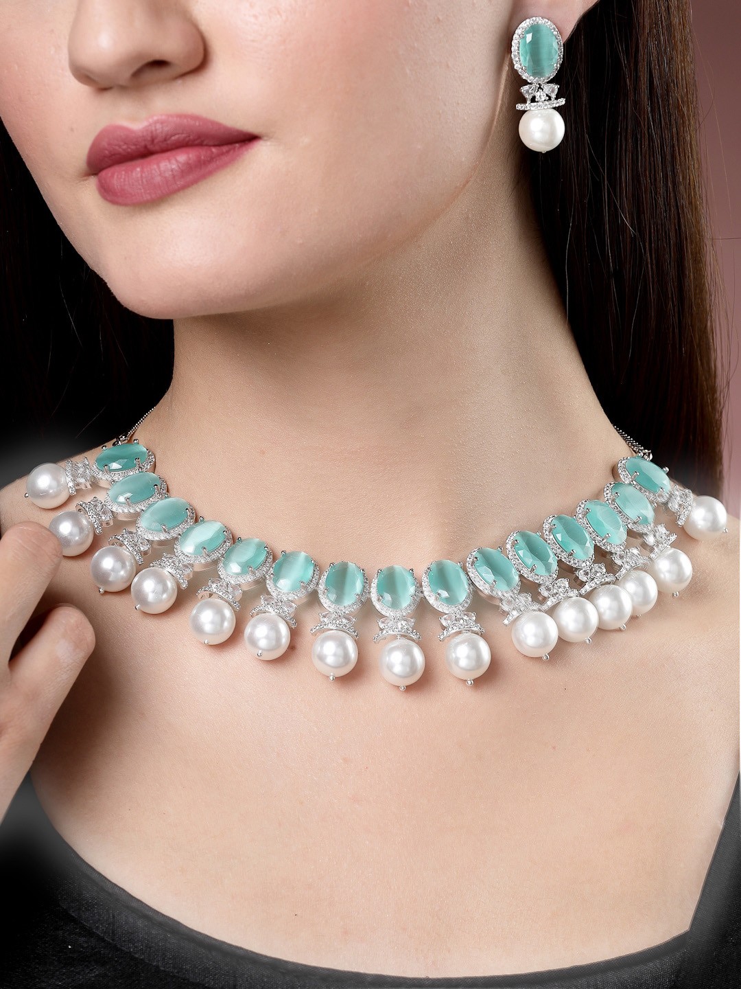 

NVR Silver-Plated American Diamond-Studded & Beaded Jewellery Set