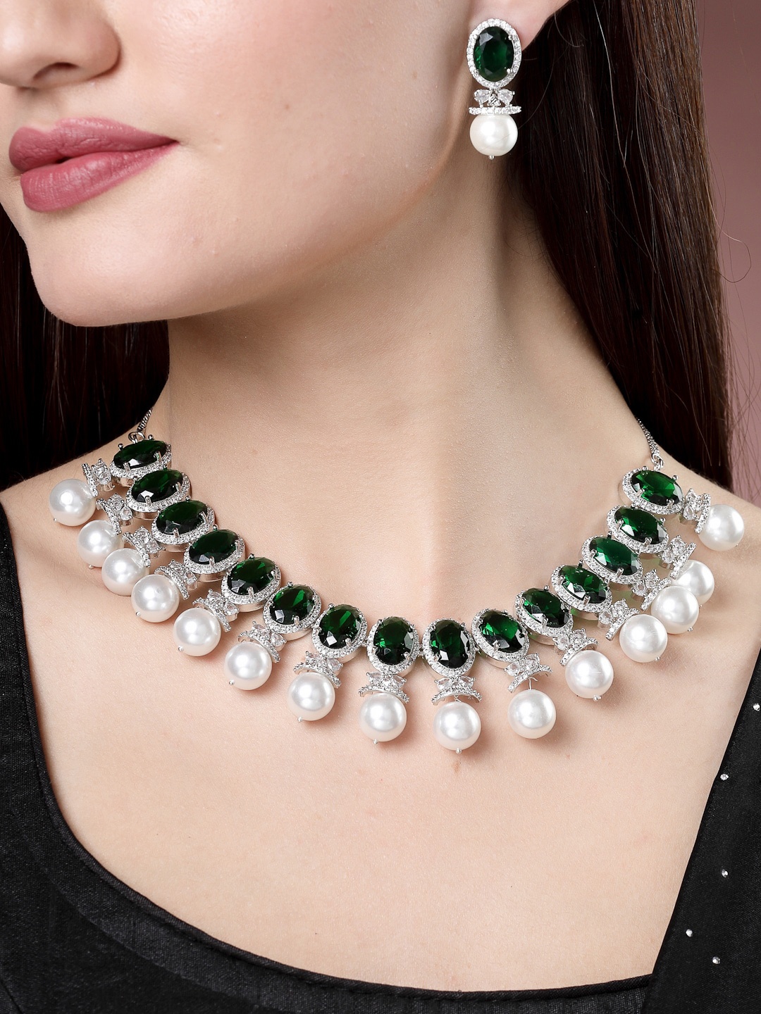 

NVR Silver-Plated American Diamond-Studded & Beaded Jewellery Set