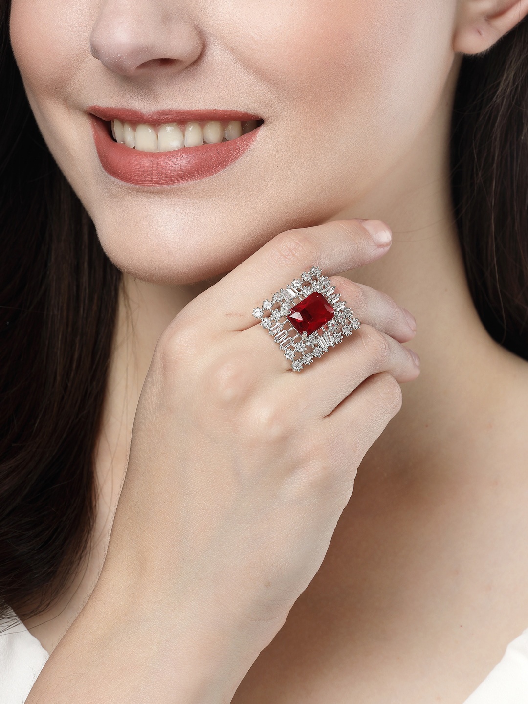 

NVR Silver-Plated Cubic Zirconia-Studded Fing Ring
