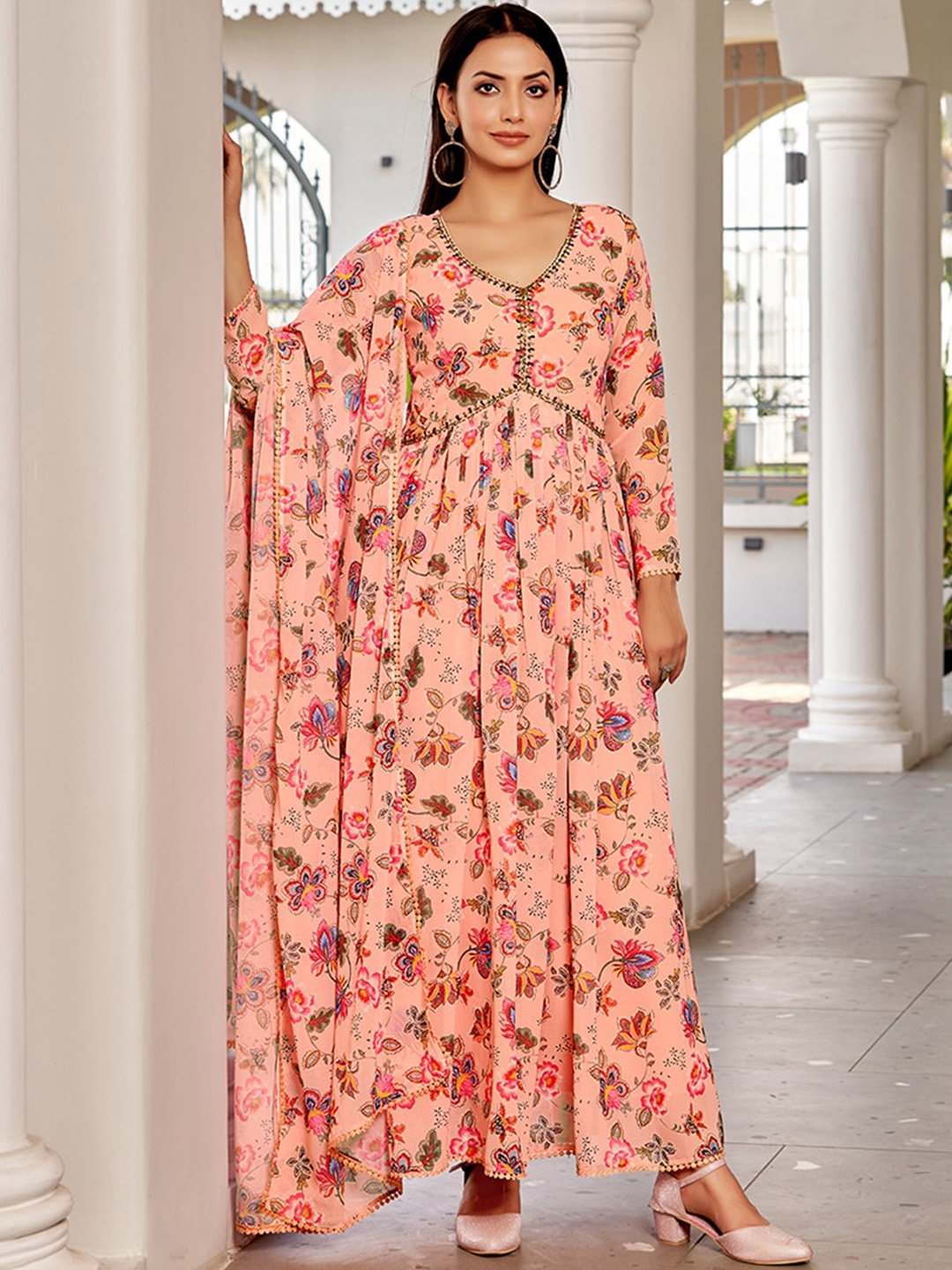 

SHOPGARB Floral Printed Thread Work Georgette Anarkali Fit and Flare Kurta, Peach