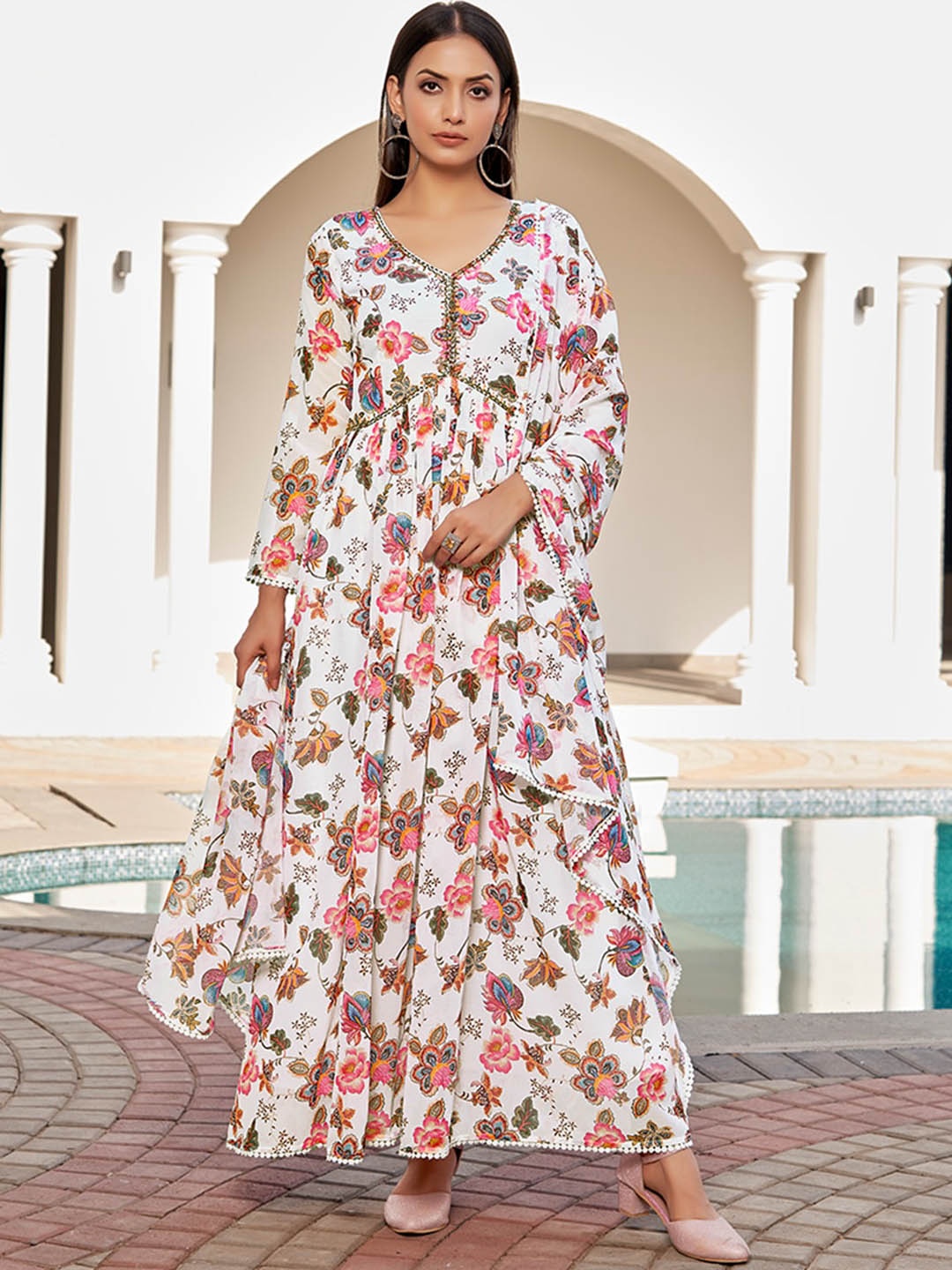 

SHOPGARB Floral Printed Thread Work Georgette Anarkali Fit and Flare Kurta, White
