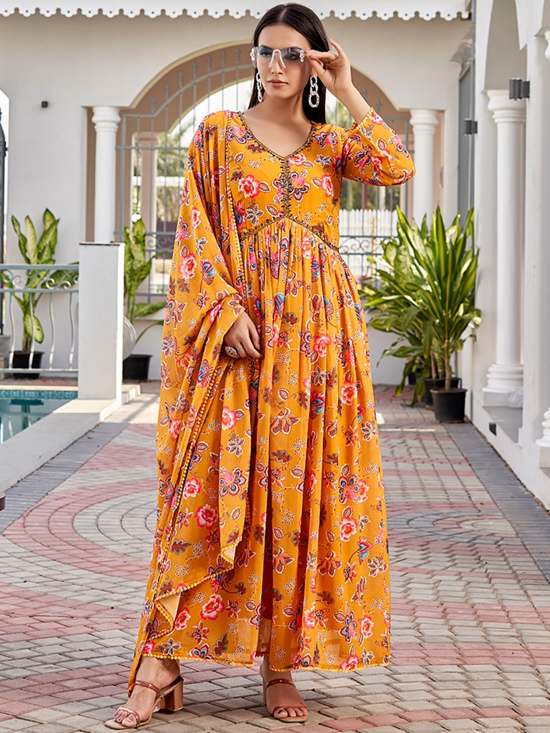 

SHOPGARB Floral Printed Thread Work Georgette Anarkali Fit and Flare Kurta, Orange