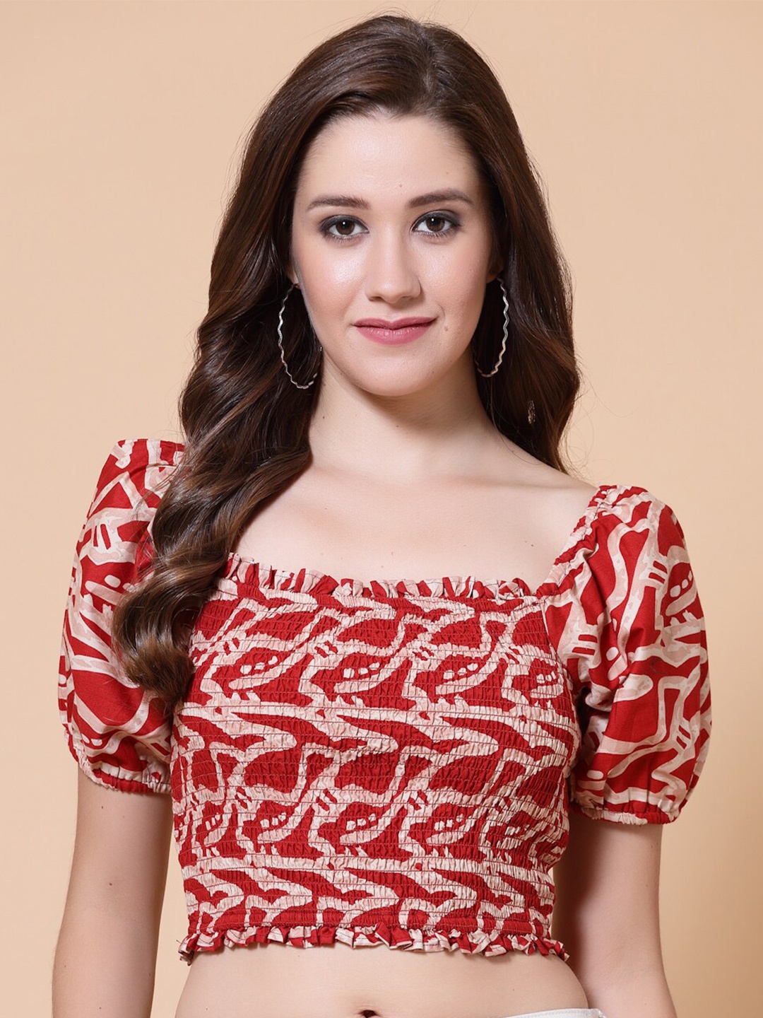 

HOUSE OF KKARMA Abstract Printed Puff Sleeve Cotton Crop Top, Red