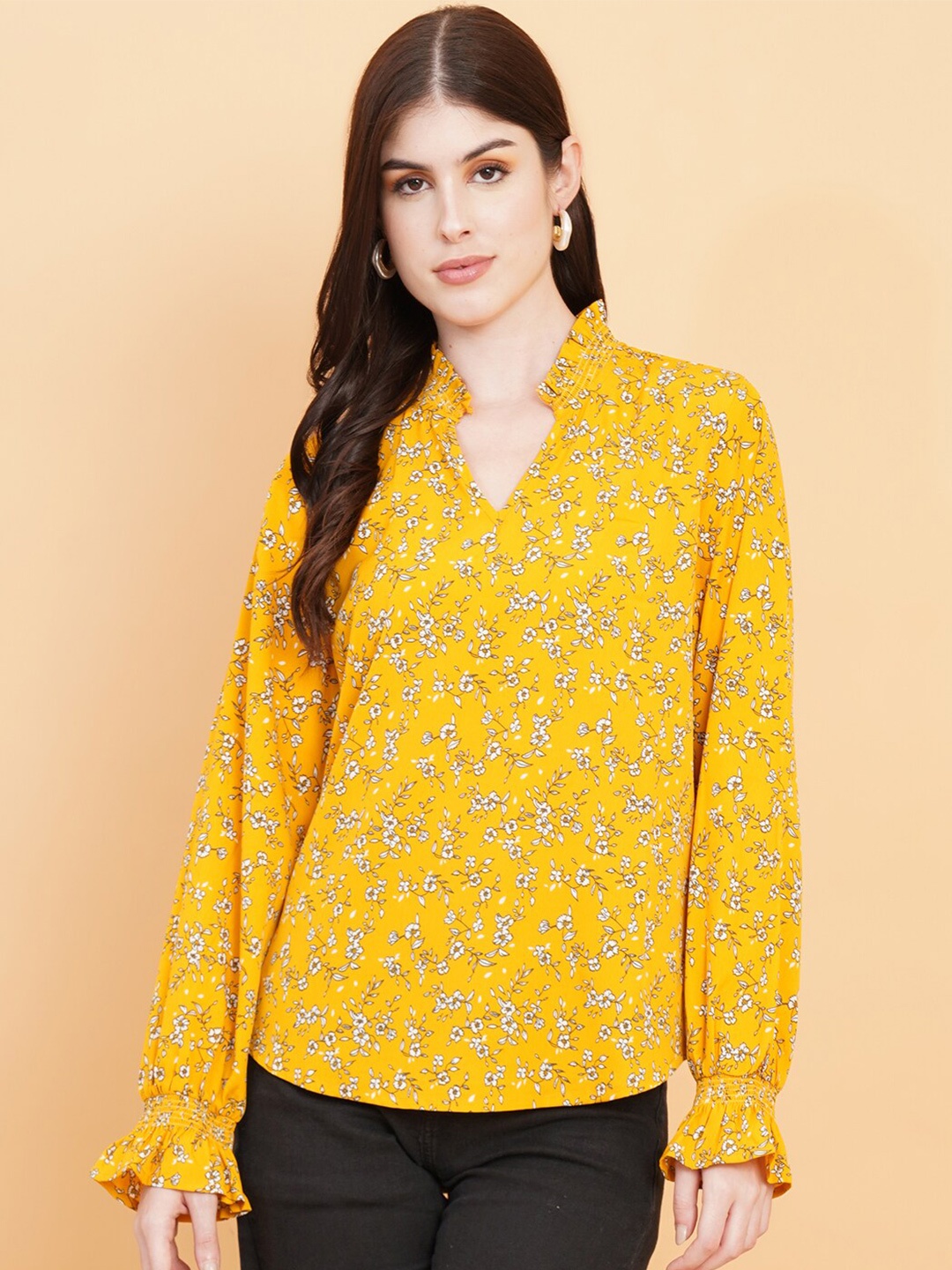 

HOUSE OF KKARMA Floral Printed Mandarin Collar Ruffles Crepe Top, Yellow
