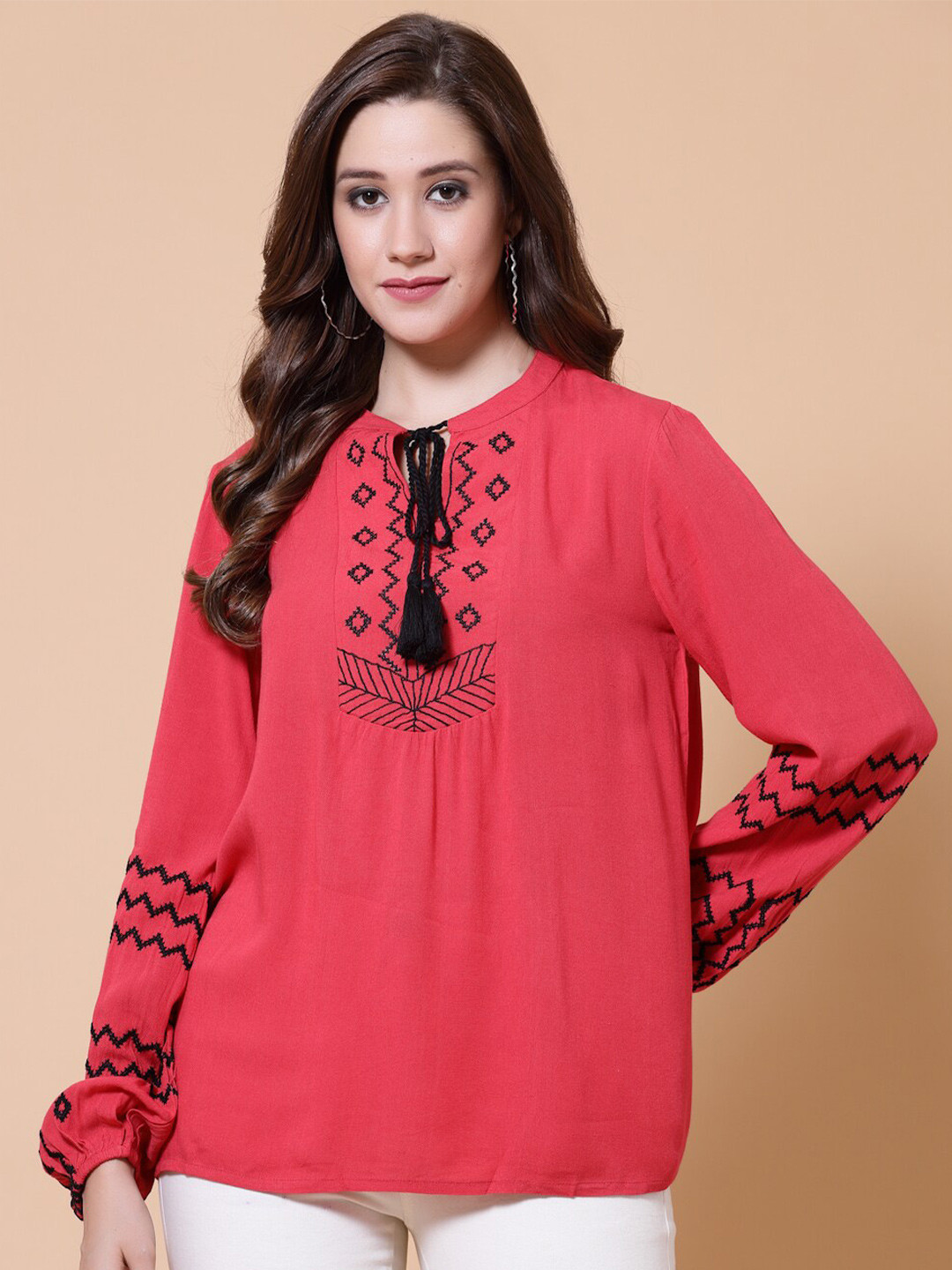 

HOUSE OF KKARMA Tie-Up Neck Sheen Crepe Top, Red