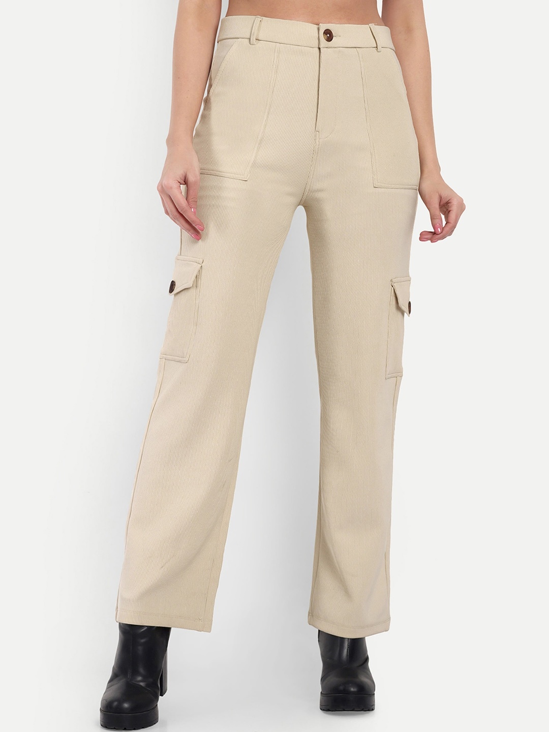 

BROADSTAR Women Smart Straight Fit High-Rise Easy Wash Corduroy Cotton Cargos Trousers, Beige