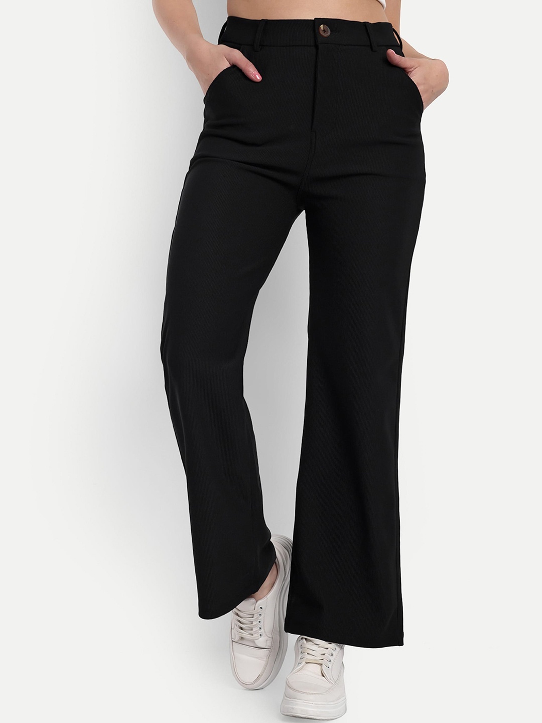 

BROADSTAR Women Smart Straight Fit High-Rise Easy Wash Corduroy Cotton Parallel Trouser, Black