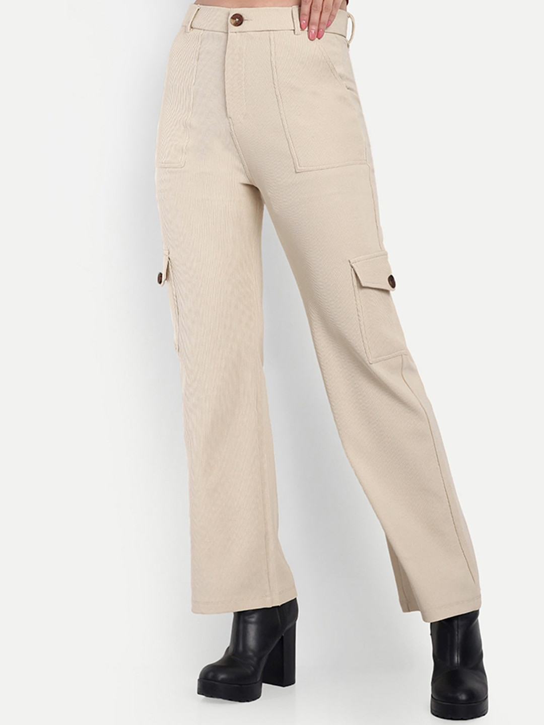 

BROADSTAR Women Smart Straight Fit High-Rise Easy Wash Cotton Corduroy Trousers, Beige