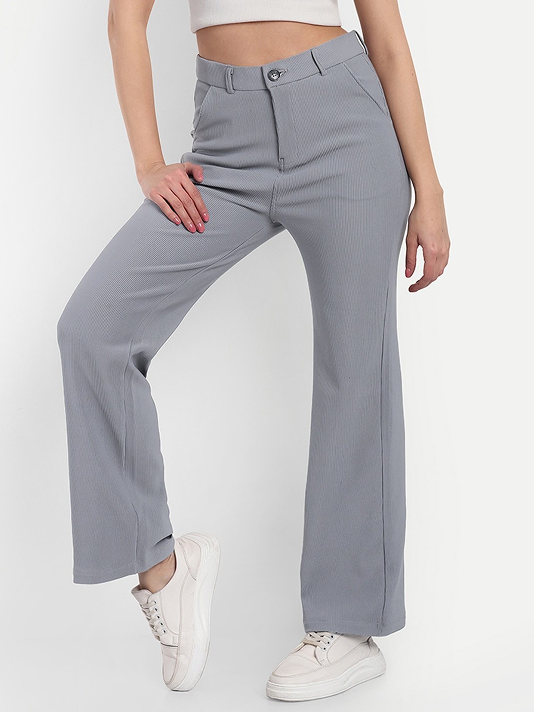 

BROADSTAR Women Smart Straight Fit High-Rise Easy Wash Corduroy Cotton Parallel Trouser, Grey