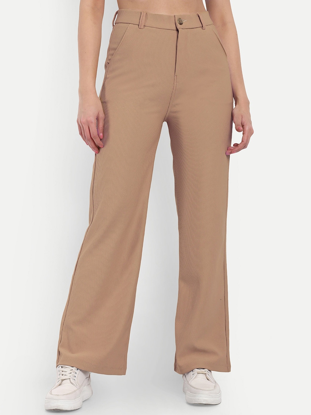 

BROADSTAR Women Smart Straight Fit High-Rise Easy Wash Cotton Corduroy Parallel Trousers, Beige