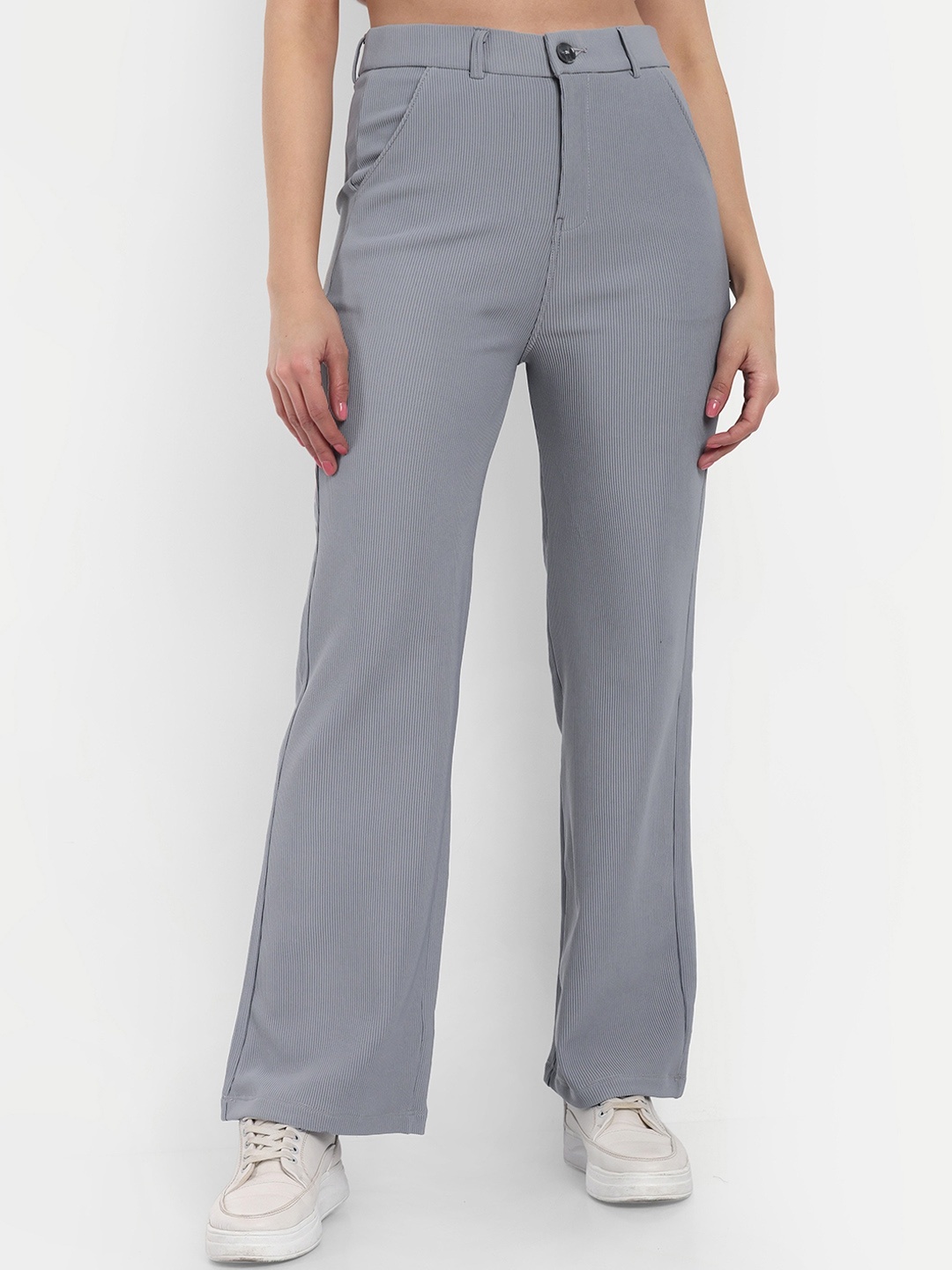 

BROADSTAR Women Smart Straight Fit High-Rise Easy Wash Corduroy Trousers, Grey
