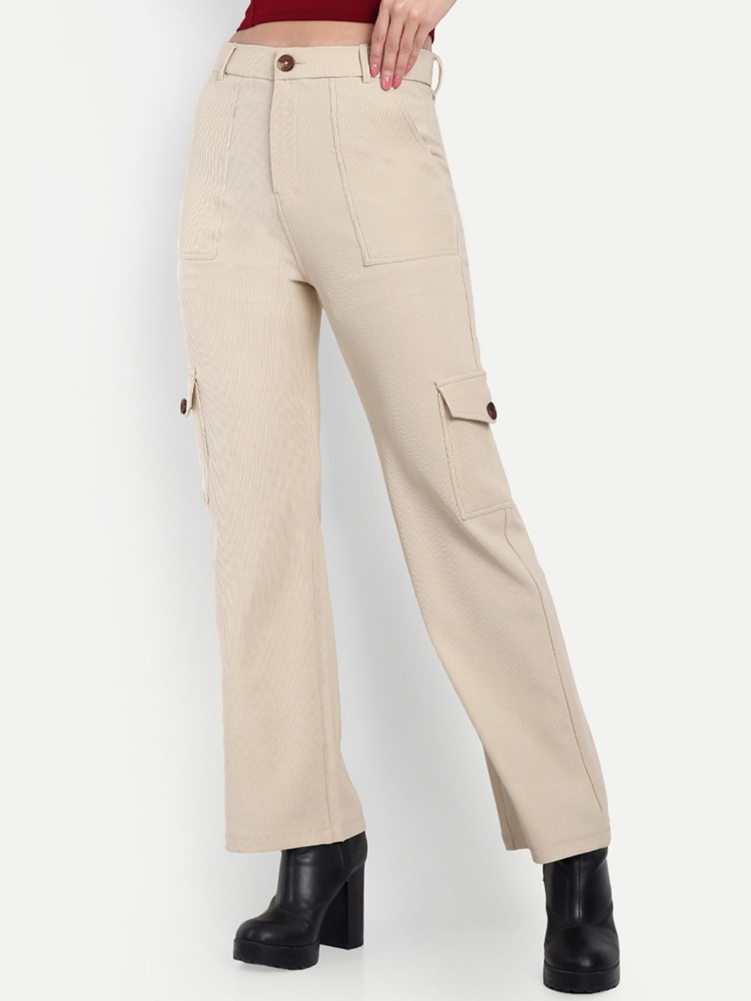 

BROADSTAR Women Smart Straight Fit High-Rise Easy Wash Corduroy Cotton Cargos Trousers, Beige