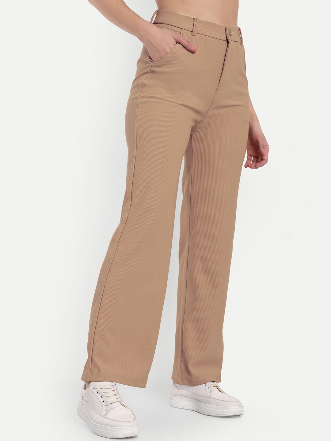 

BROADSTAR Women Smart Straight Fit High-Rise Easy Wash Cotton Corduroy Parallel Trousers, Beige