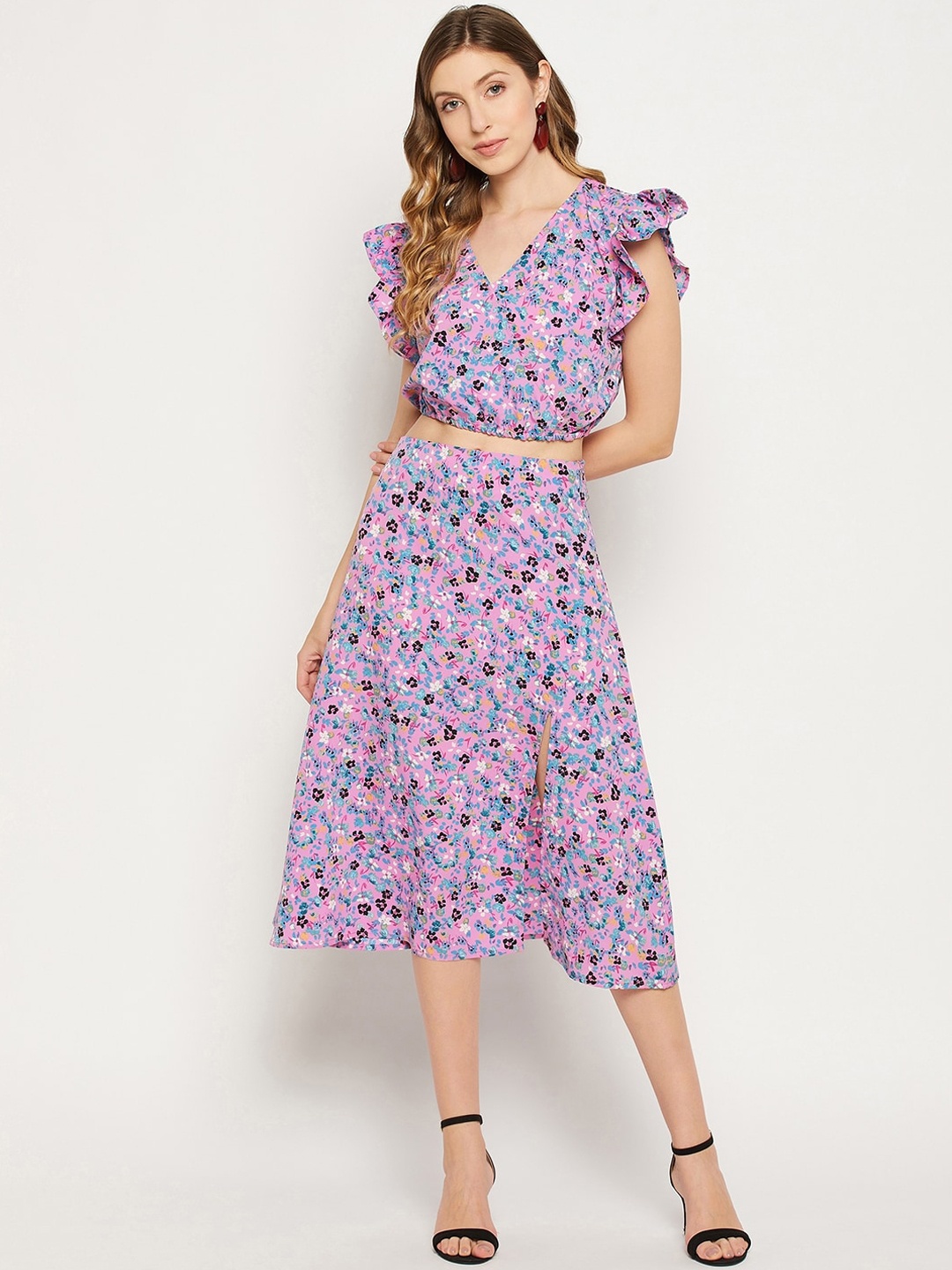 

Fashfun Printed V-Neck Crop Top With Skirt Co-Ords, Pink