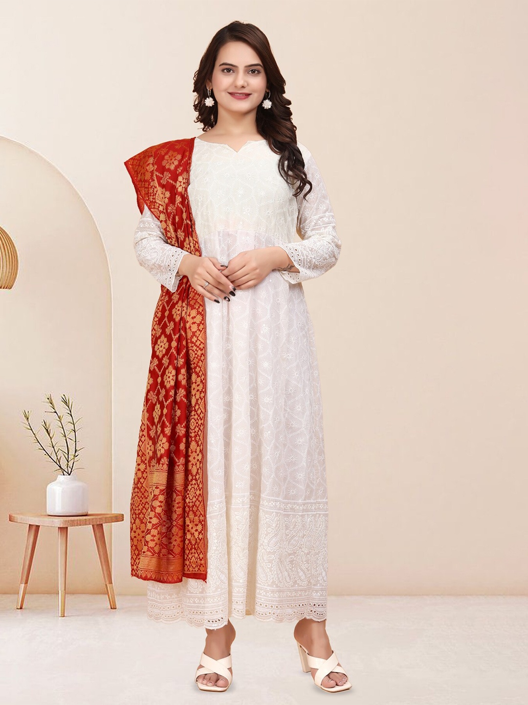 

Anouk Floral Embroidered A-Line Maxi Dress With Dupatta, Off white