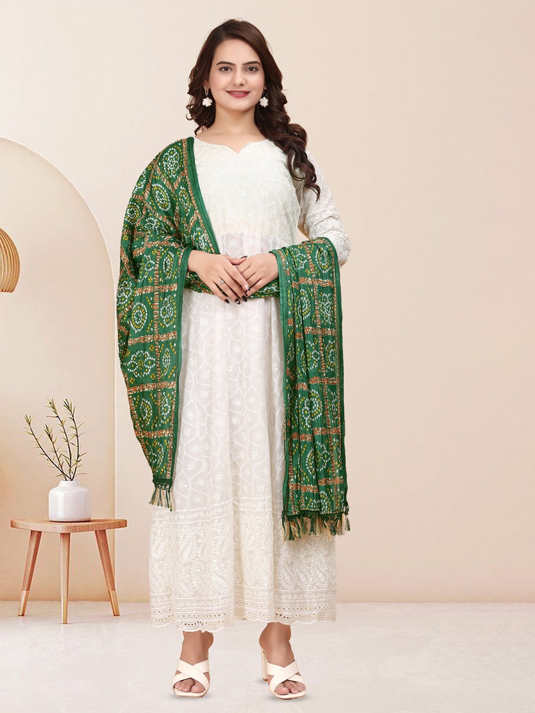 

Anouk Ethnic Motifs Embroidered Round Neck Three-Quarter Sleeves Maxi Dress With Dupatta, Off white