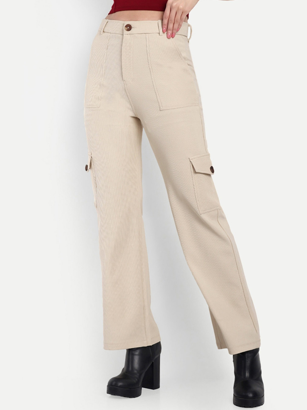 

Next One Women Smart Straight Fit High-Rise Easy Wash Stretchable Corduroy Cargos, Beige