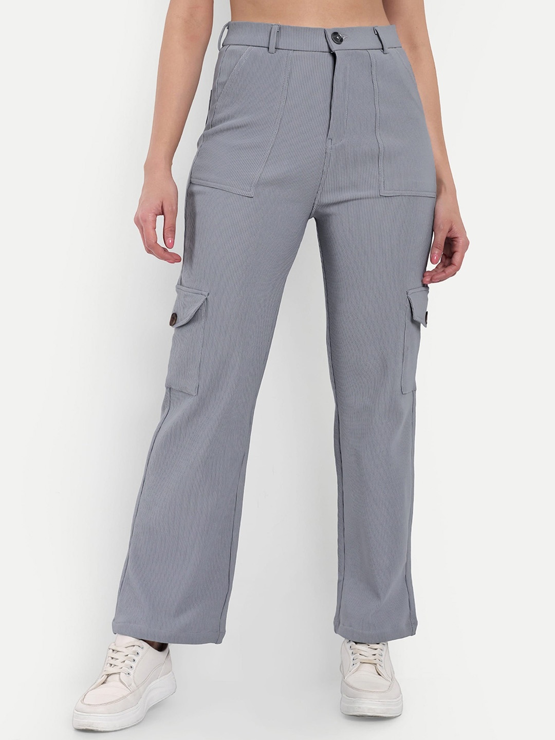 

Next One Women Smart Straight Fit High-Rise Cropped Cargos Trousers, Grey