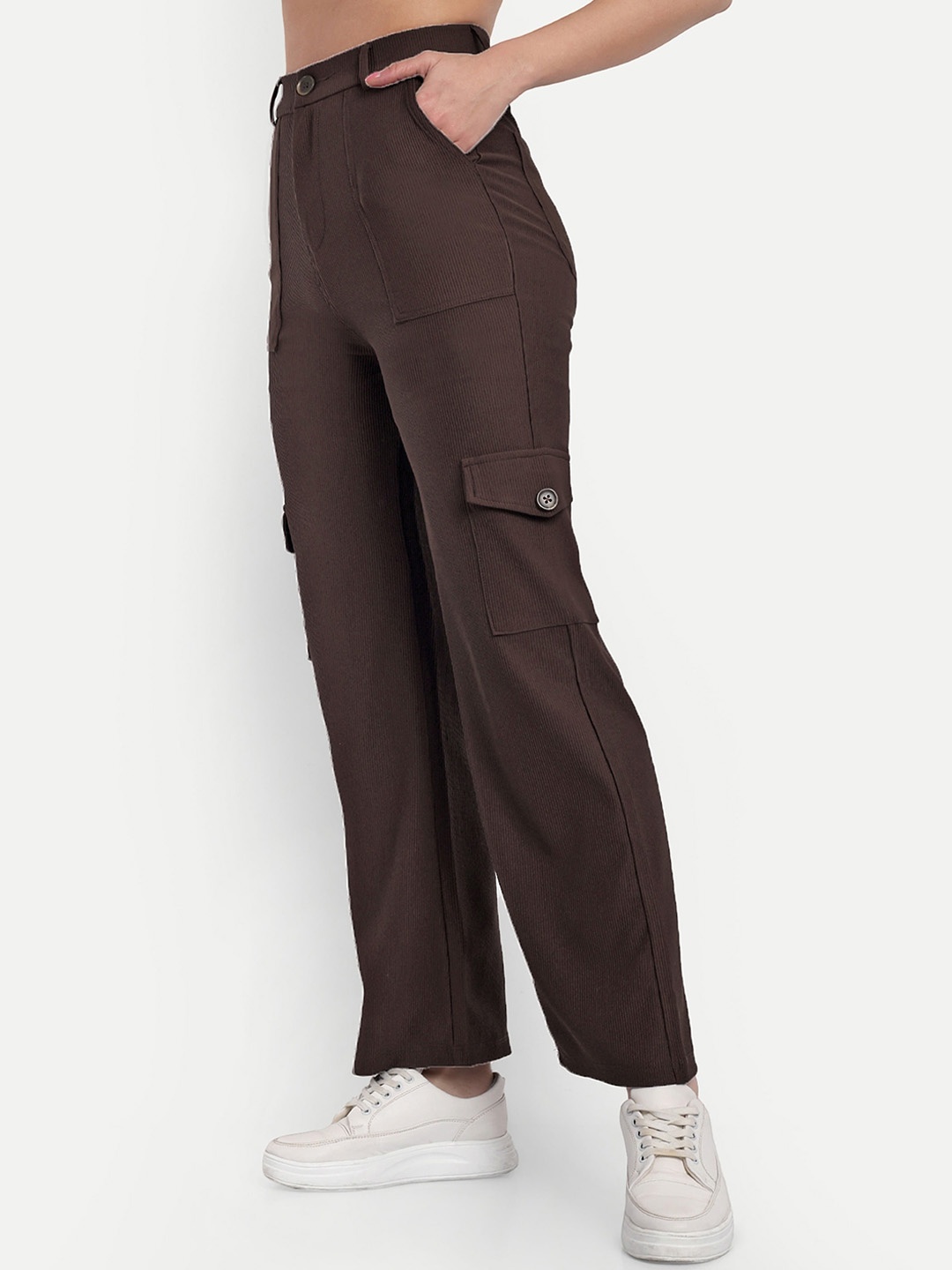 

Next One Women Smart Straight Fit High-Rise Easy Wash Corduroy Trousers, Brown