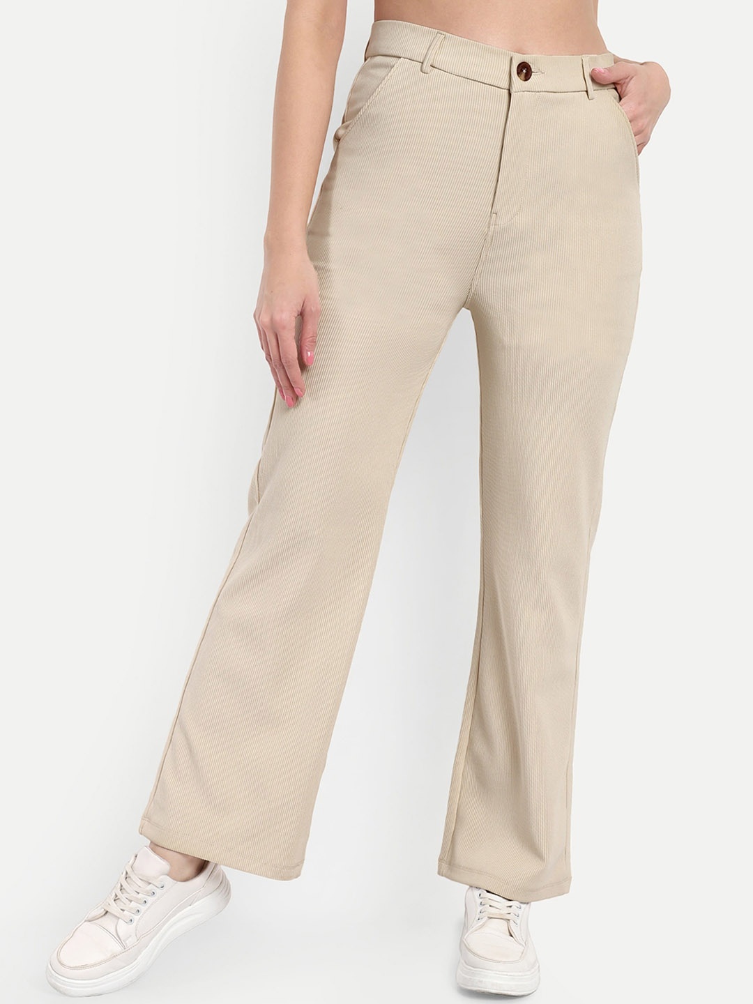 

Next One Women Smart Straight Fit High-Rise Easy Wash Corduroy Trousers, Beige