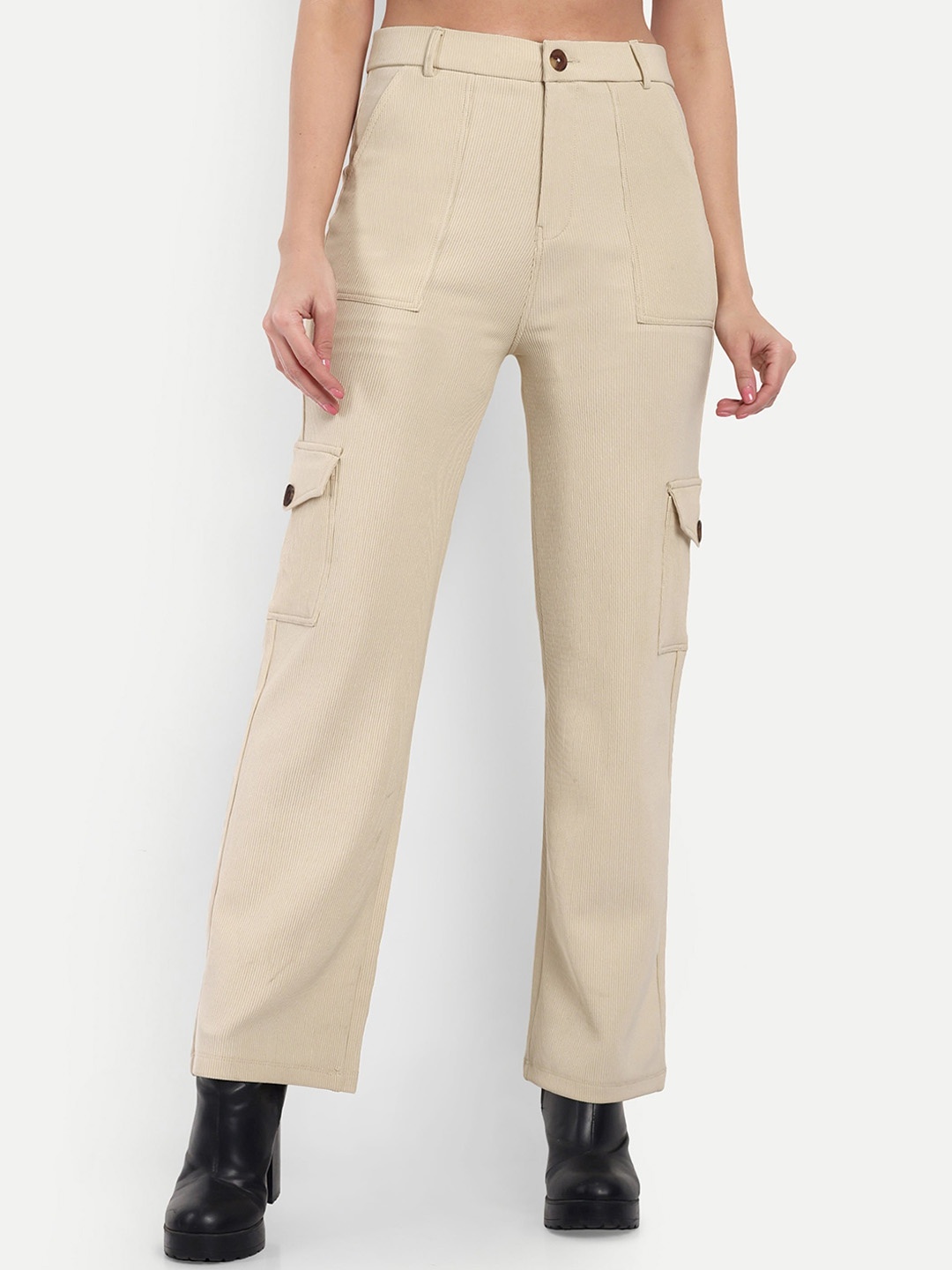

Next One Women Smart Straight Fit High-Rise Corduroy Cargos Trouser, Beige