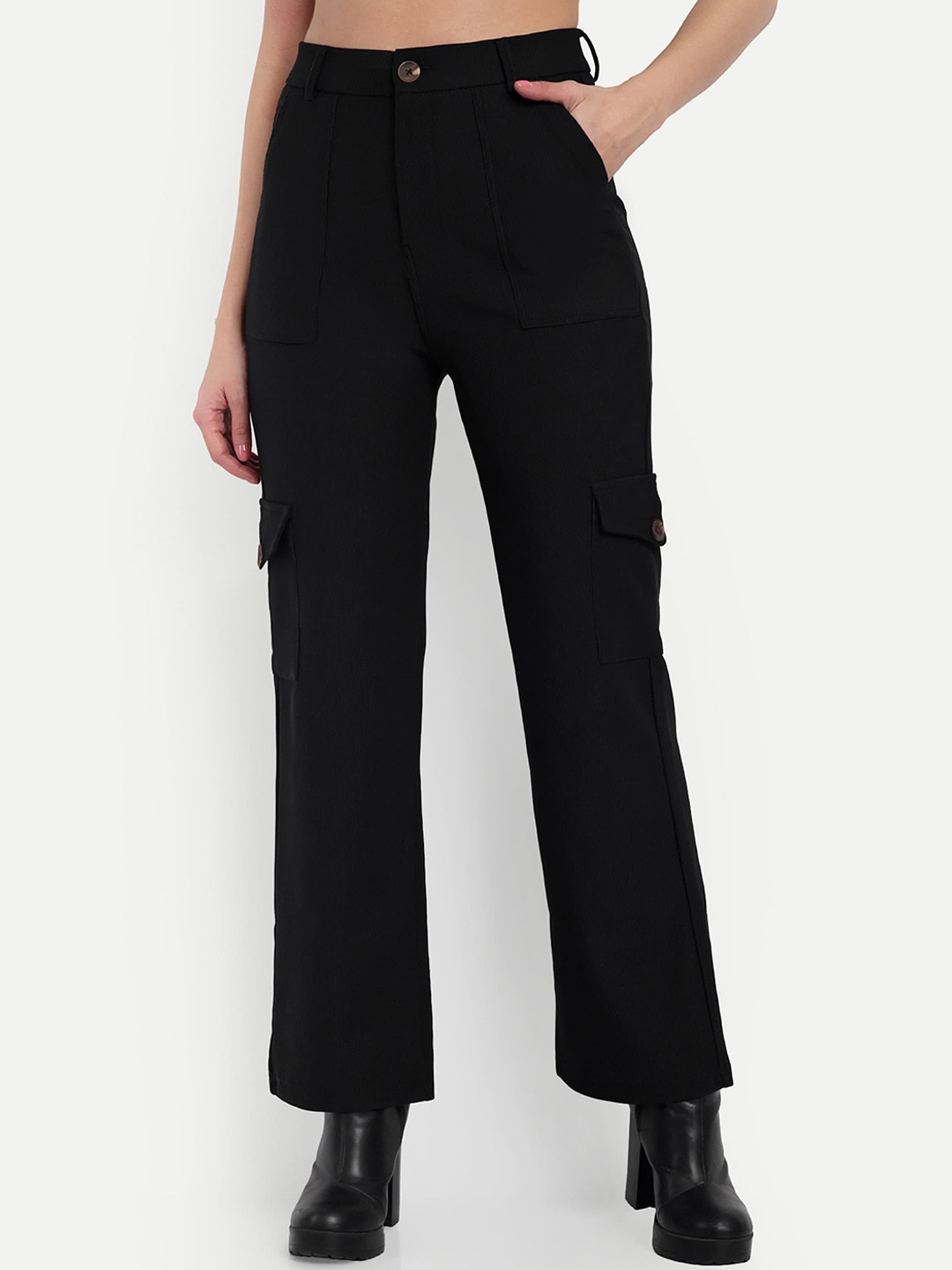 

Next One Women Smart Straight Fit High-Rise Cotton Easy Wash Corduroy Cargos Trouser, Black