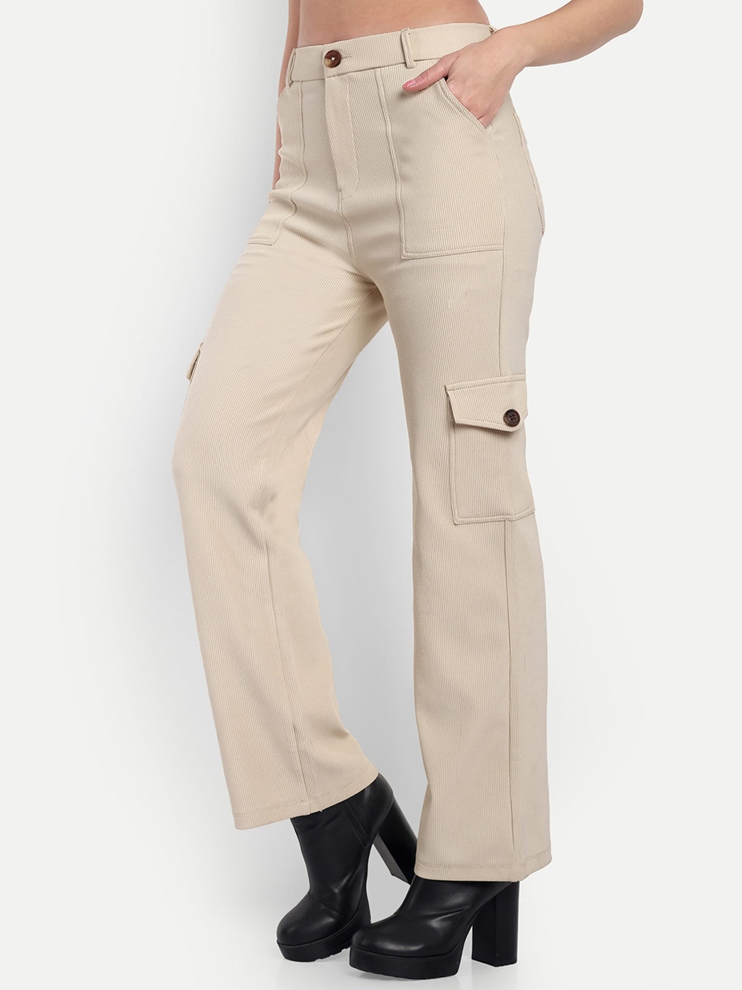 

Next One Women Smart Straight Fit High-Rise Corduroy Formal Trousers, Beige