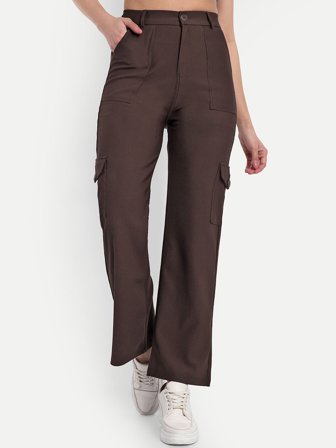 

Next One Women Smart Straight Fit High-Rise Corduroy Cargos Trouser, Brown