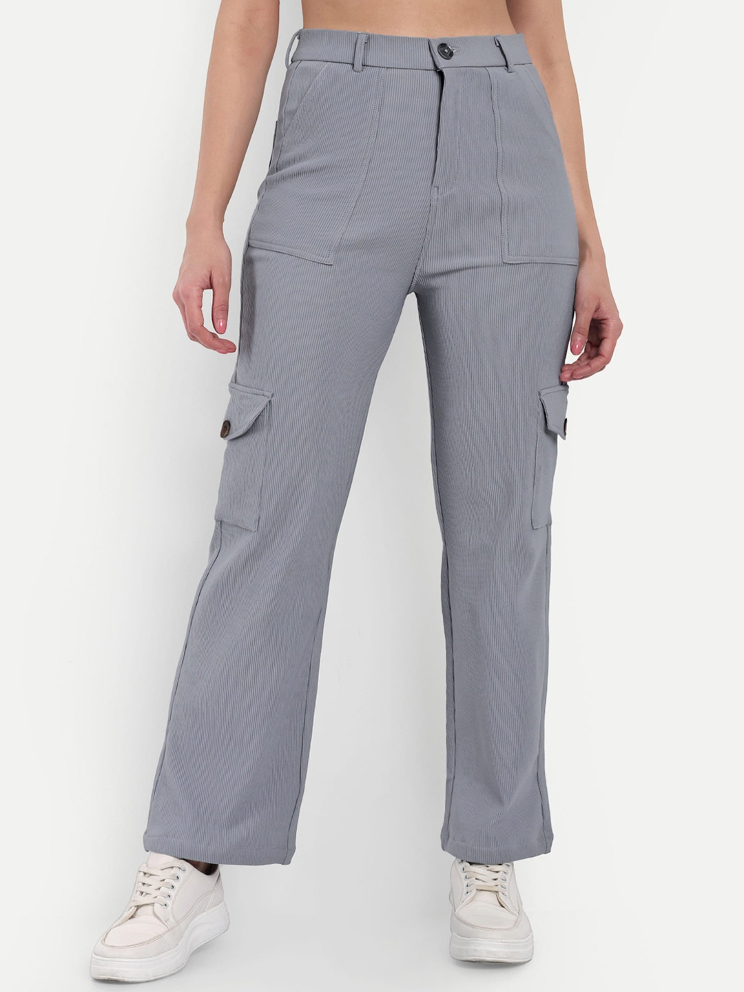 

Next One Women Smart Straight Fit High-Rise Corduroy Cargos Trouser, Grey