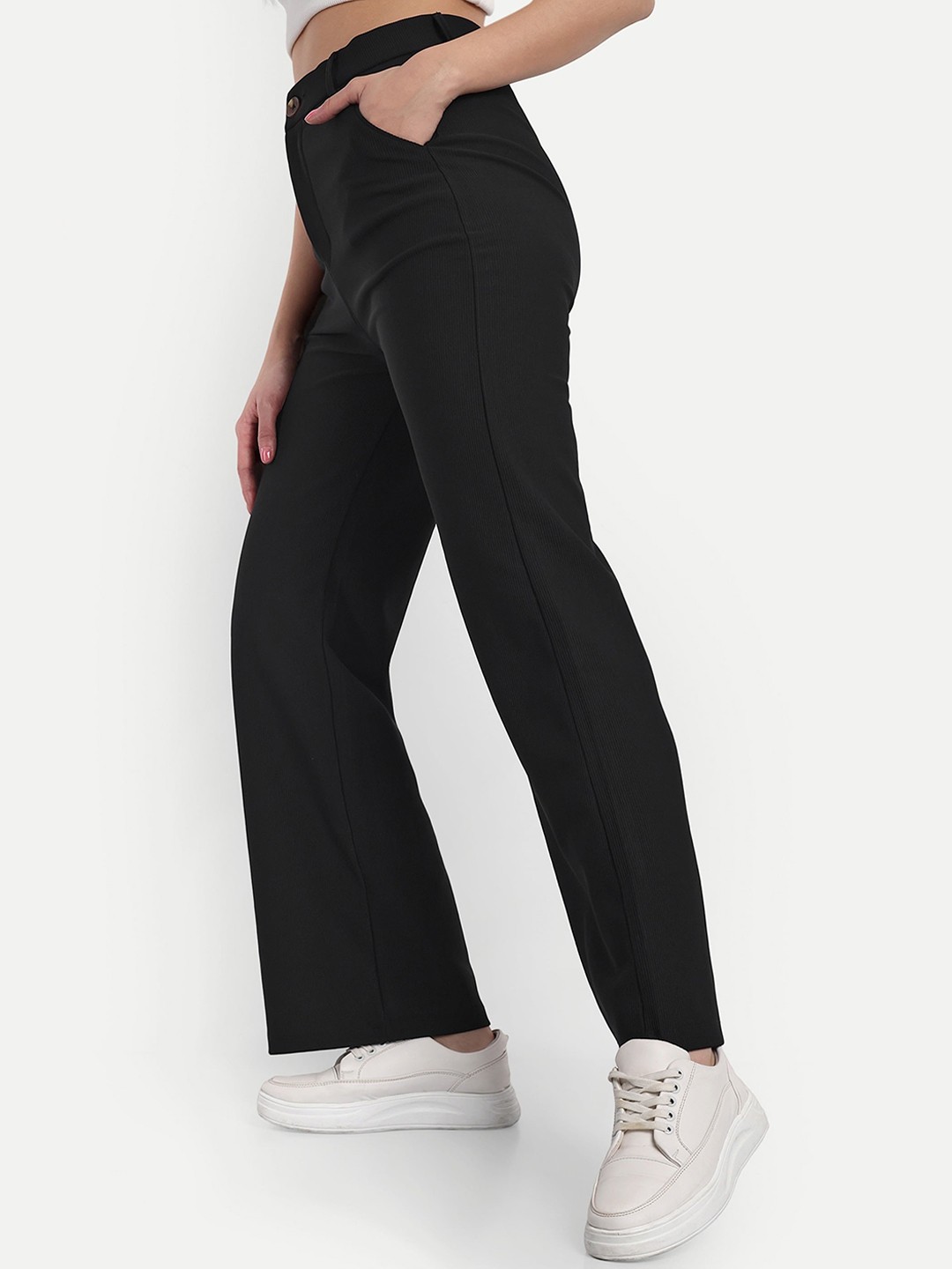 

Next One Women Smart Straight Fit High-Rise Easy Wash Corduroy Trousers, Black