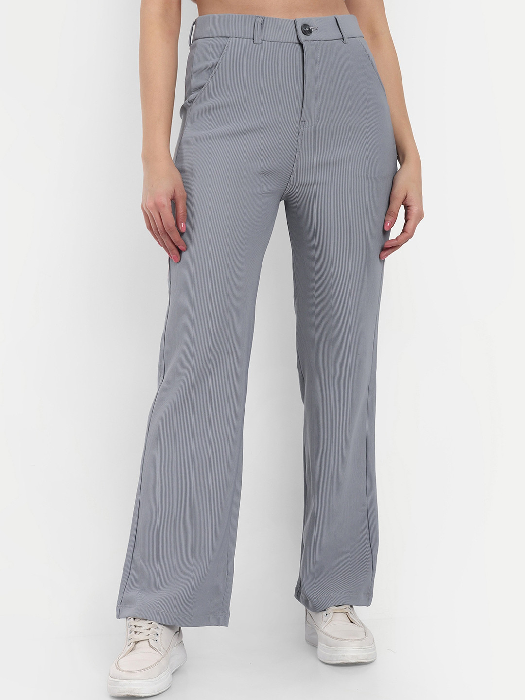 

Next One Women Smart Straight Fit High-Rise Cotton Easy Wash Corduroy Trouser, Grey