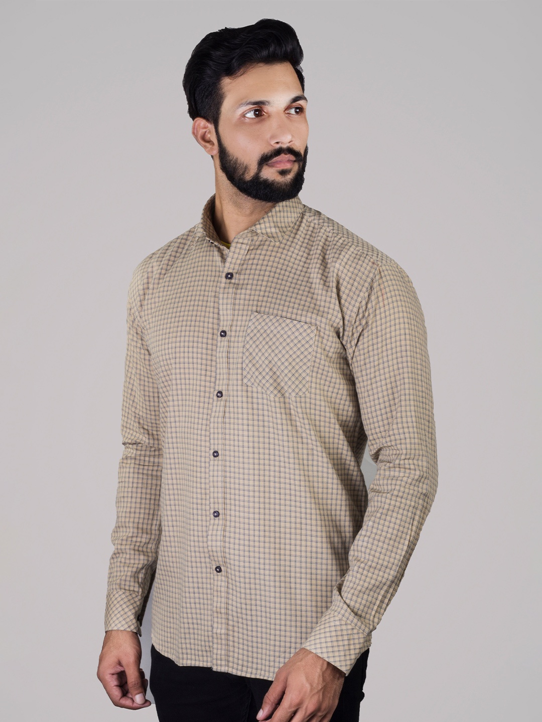 

INDIAN THREADS India Slim Fit Tartan Checked Cotton Casual Shirt, Cream