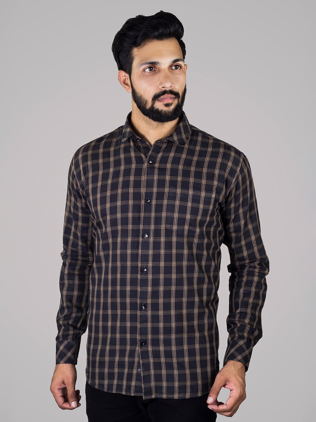 

INDIAN THREADS India Slim Fit Tartan Checked Cotton Casual Shirt, Black