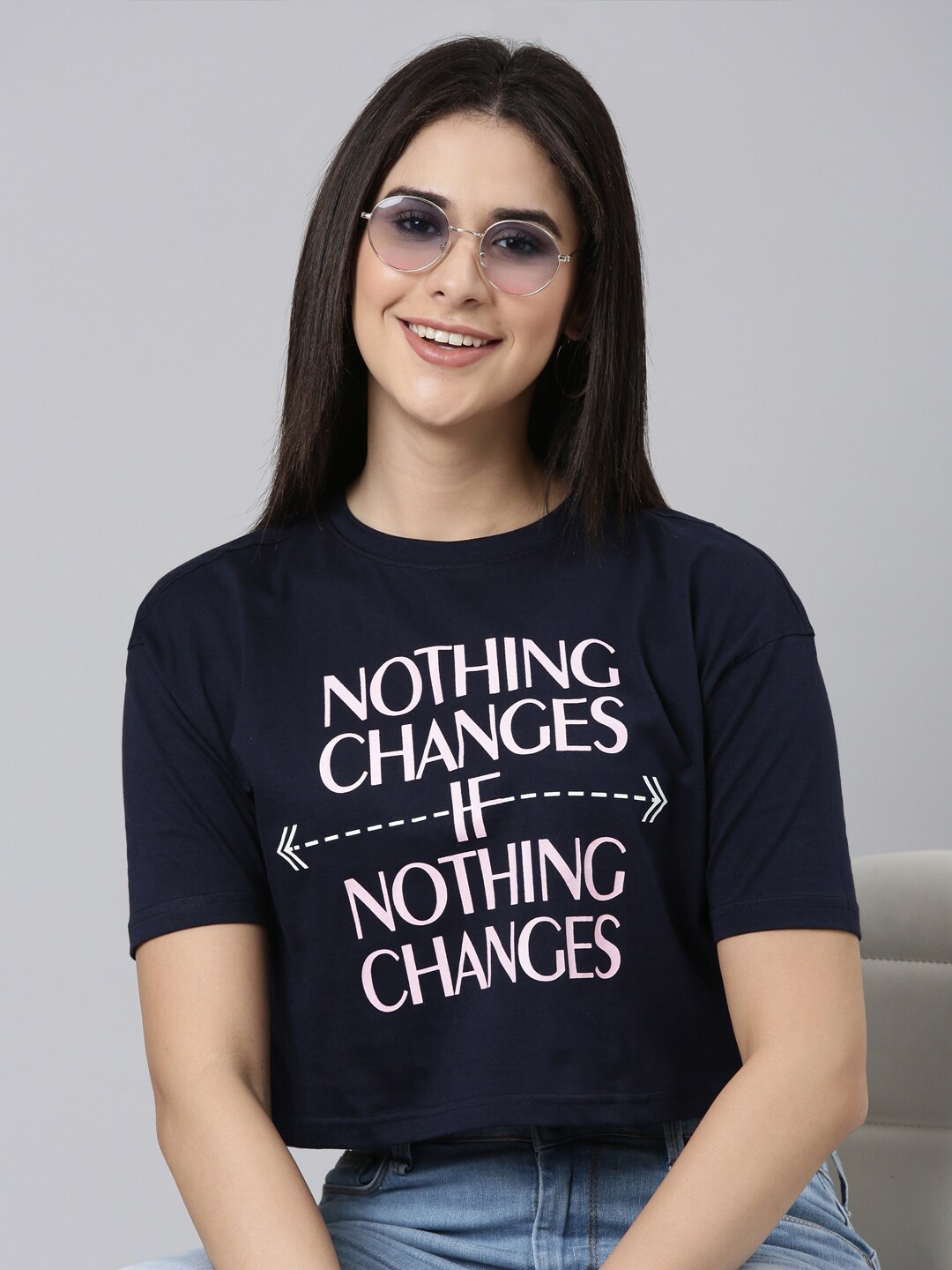 Kryptic Typography Printed Round Neck Cotton Crop Oversized T-shirt, Navy blue