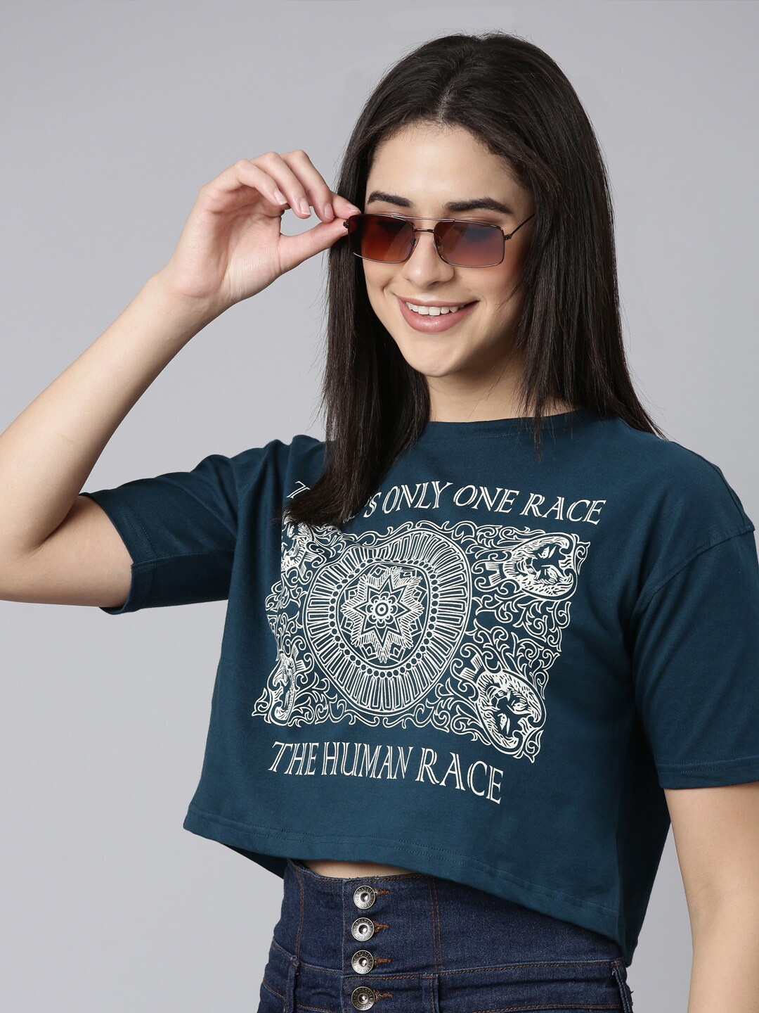 

Kryptic Typography Printed Round Neck Cotton Crop Oversized T-shirt, Teal