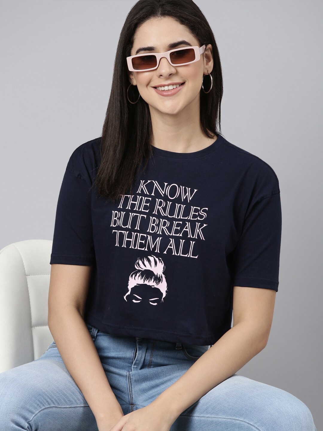

Kryptic Typography Printed Round Neck Cotton Crop Oversized T-shirt, Blue